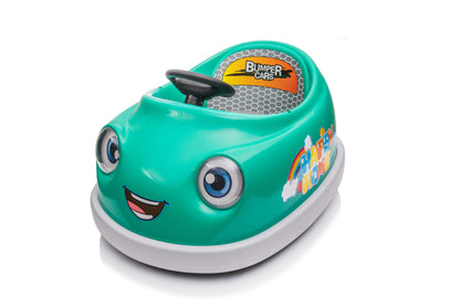 The Bumper Car For Kids is a small teal 12V electric ride-on with dual drive, designed for children 1-6 years old. It features a smiling cartoon face, colorful graphics, steering wheel, "Bumper Cars" on the seat back, USB/Bt music, and anti-collision design.