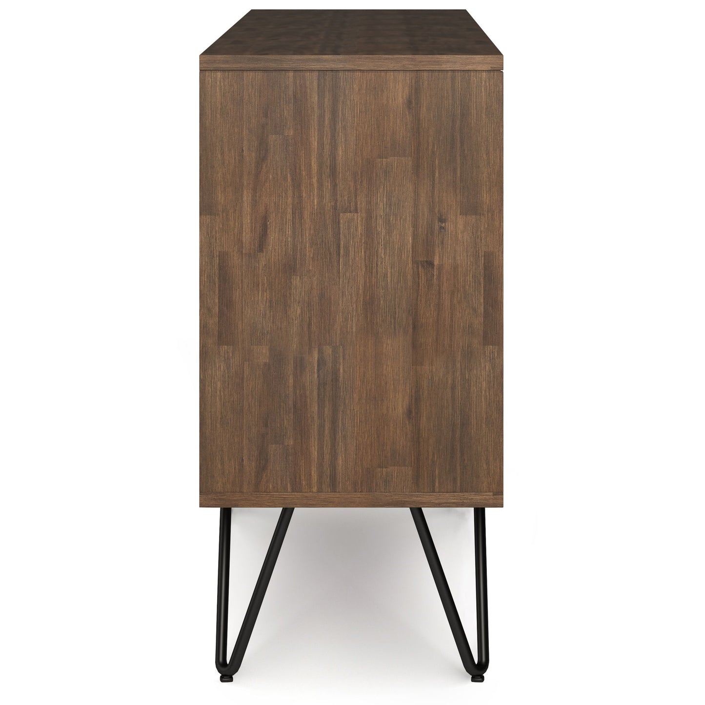 Side view of the Chase Low Bookcase in Rustic Natural Aged Brown, featuring a smooth finish and black metal hairpin legs, set against a white background.