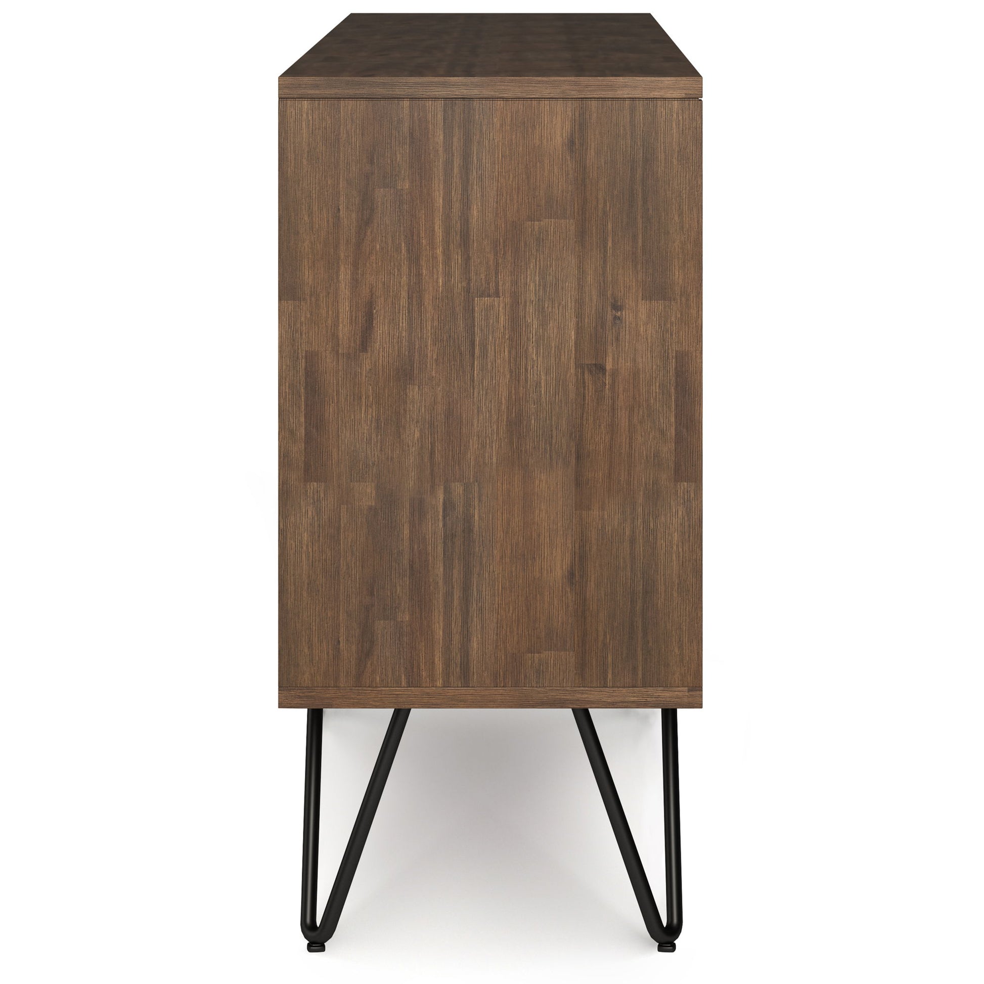 Side view of the Chase Low Bookcase in Rustic Natural Aged Brown, featuring a smooth finish and black metal hairpin legs, set against a white background.