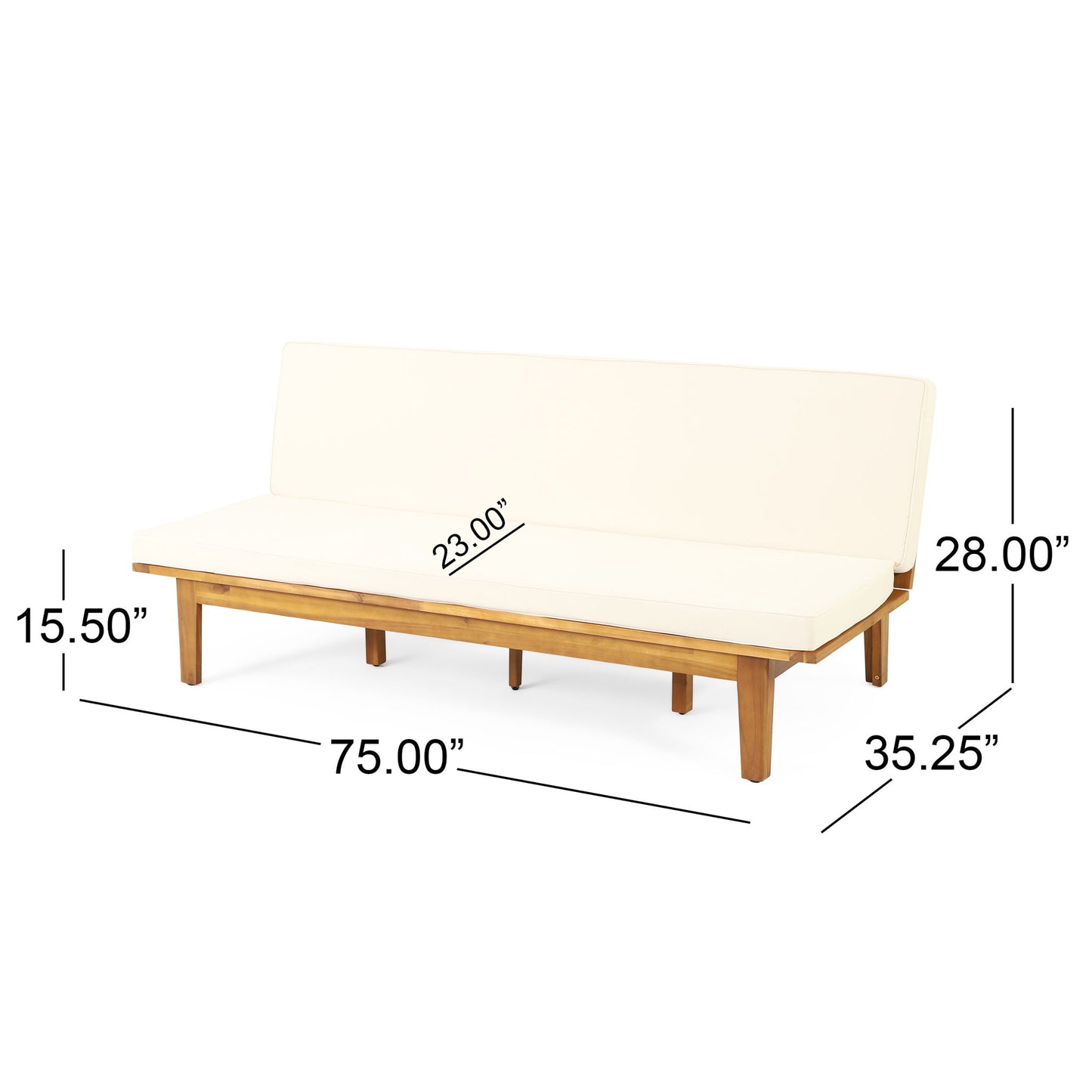 The Outdoor Elegance Daybed features a convertible beige cushion frame and wooden accents. It measures 75"L x 35.25"D x 28"H, with a seat depth of 23" and seat height of 15.5", perfect for stylish outdoor lounging.