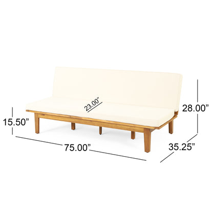 The Outdoor Elegance Daybed features a convertible beige cushion frame and wooden accents. It measures 75"L x 35.25"D x 28"H, with a seat depth of 23" and seat height of 15.5", perfect for stylish outdoor lounging.