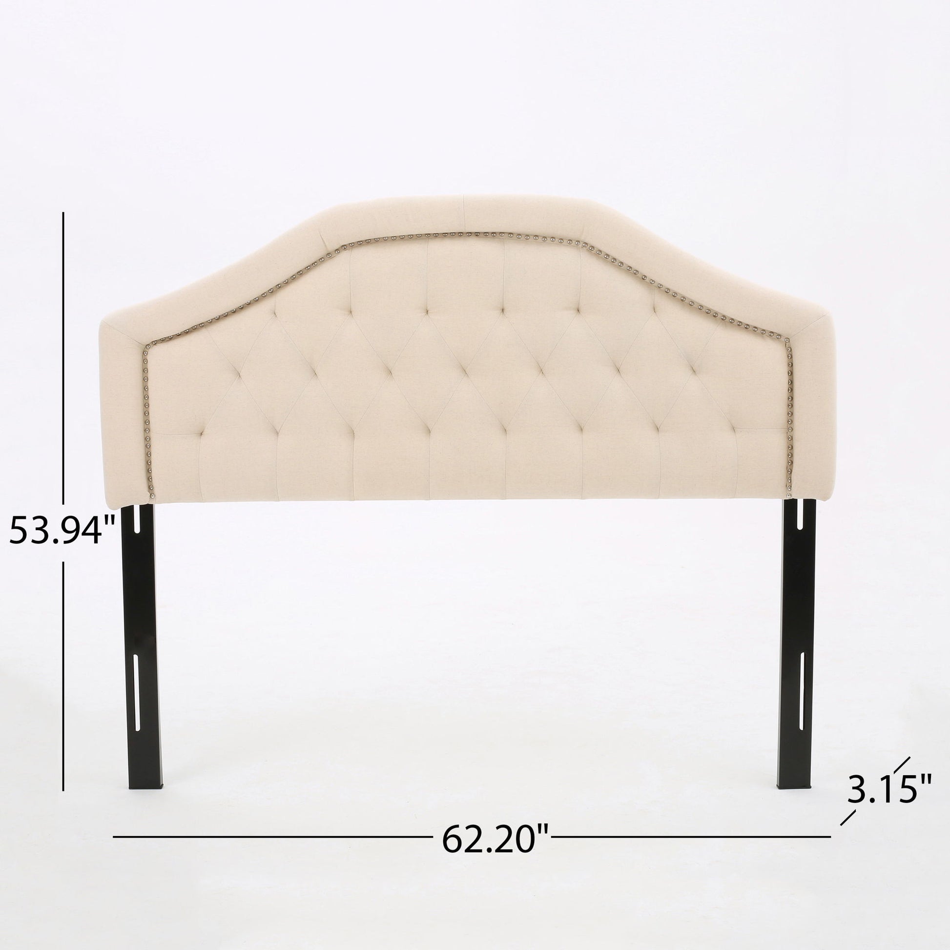 Queen & Full Size Headboard with diamond tufting and nailhead trim in beige, featuring metal legs. Dimensions: 53.94" H x 62.20" W x 3.15" T. Cream-colored upholstery shown against a white background.