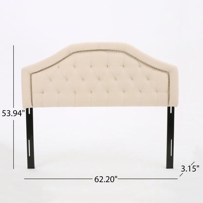 Queen & Full Size Headboard with diamond tufting and nailhead trim in beige, featuring metal legs. Dimensions: 53.94" H x 62.20" W x 3.15" T. Cream-colored upholstery shown against a white background.