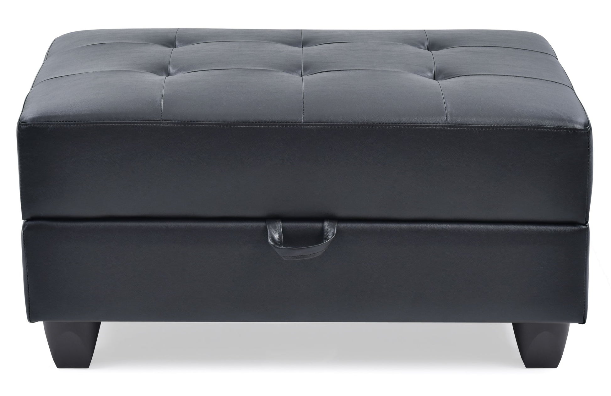 The Stylish Storage Contemporary Ottoman is a rectangular, black tufted piece featuring visible stitching, a front pull tab, and four short straight legs.