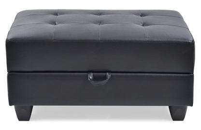 The Stylish Storage Contemporary Ottoman is a rectangular, black tufted piece featuring visible stitching, a front pull tab, and four short straight legs.