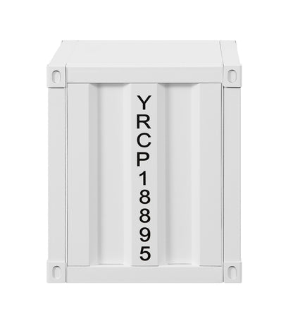 A front view of the Cargo - Nightstand With USB, designed to resemble a white shipping container with "YRCP18895" in black printed vertically at the center.
