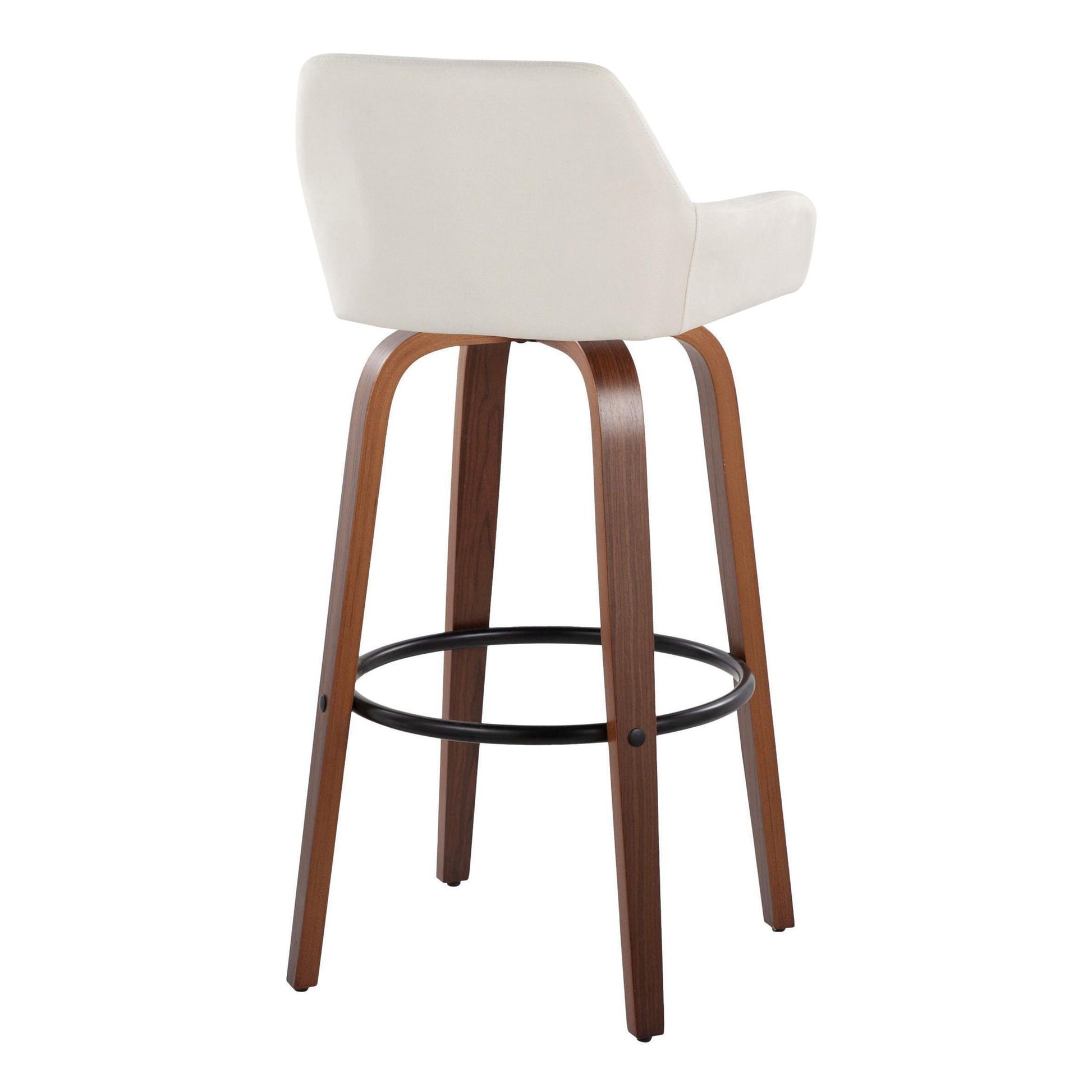 The Daniella barstool set features a contemporary design with a white upholstered backrest and seat, curved wooden legs, and a black round metal footrest. This fixed-height stool offers both style and comfort for modern spaces.