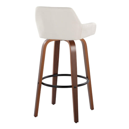 The Daniella barstool set features a contemporary design with a white upholstered backrest and seat, curved wooden legs, and a black round metal footrest. This fixed-height stool offers both style and comfort for modern spaces.