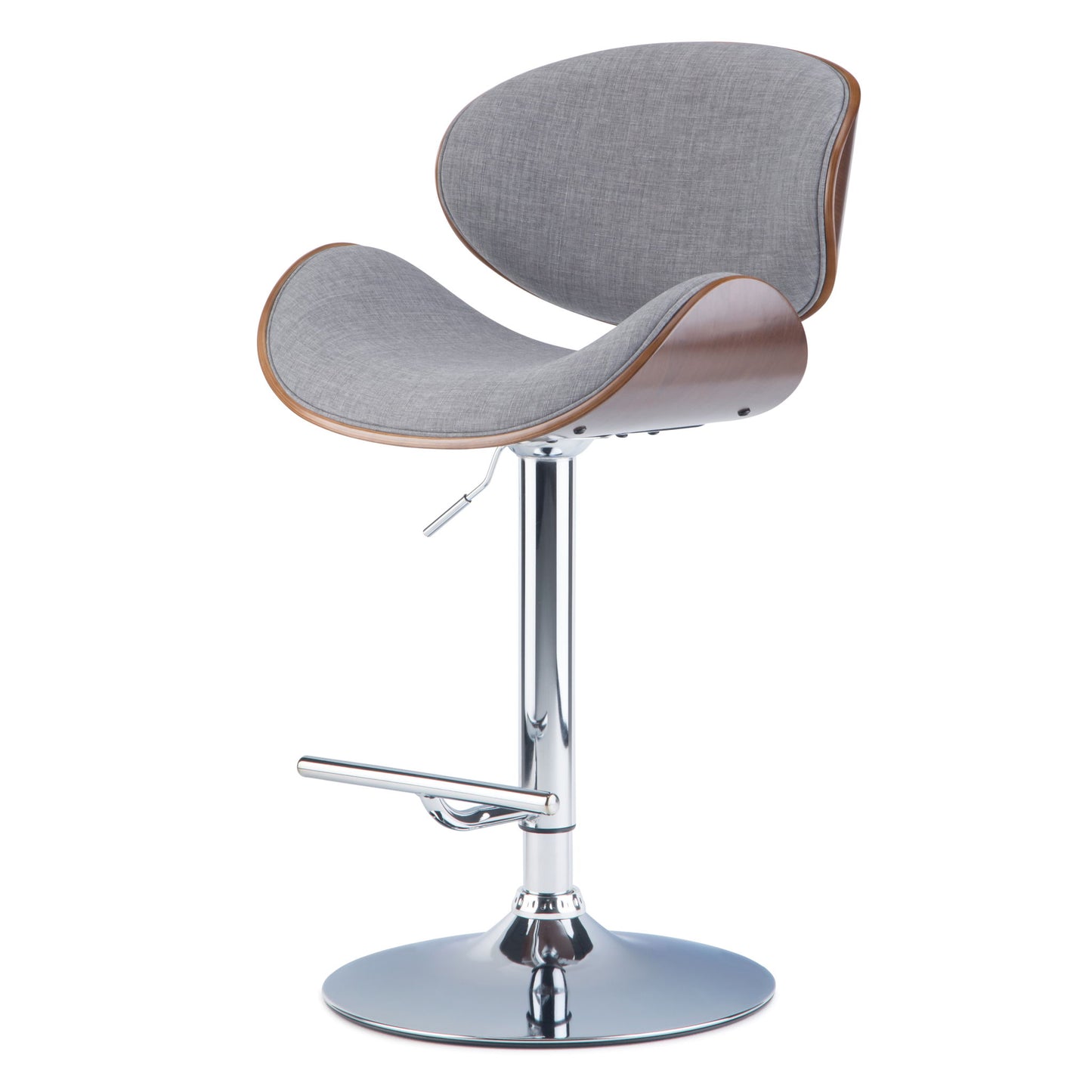 The Marana Multifunctional Handcrafted Bentwood Adjustable Swivel Bar Stool features a curved gray upholstered seat, wooden trim, and a chrome adjustable base with a circular footrest and round base.