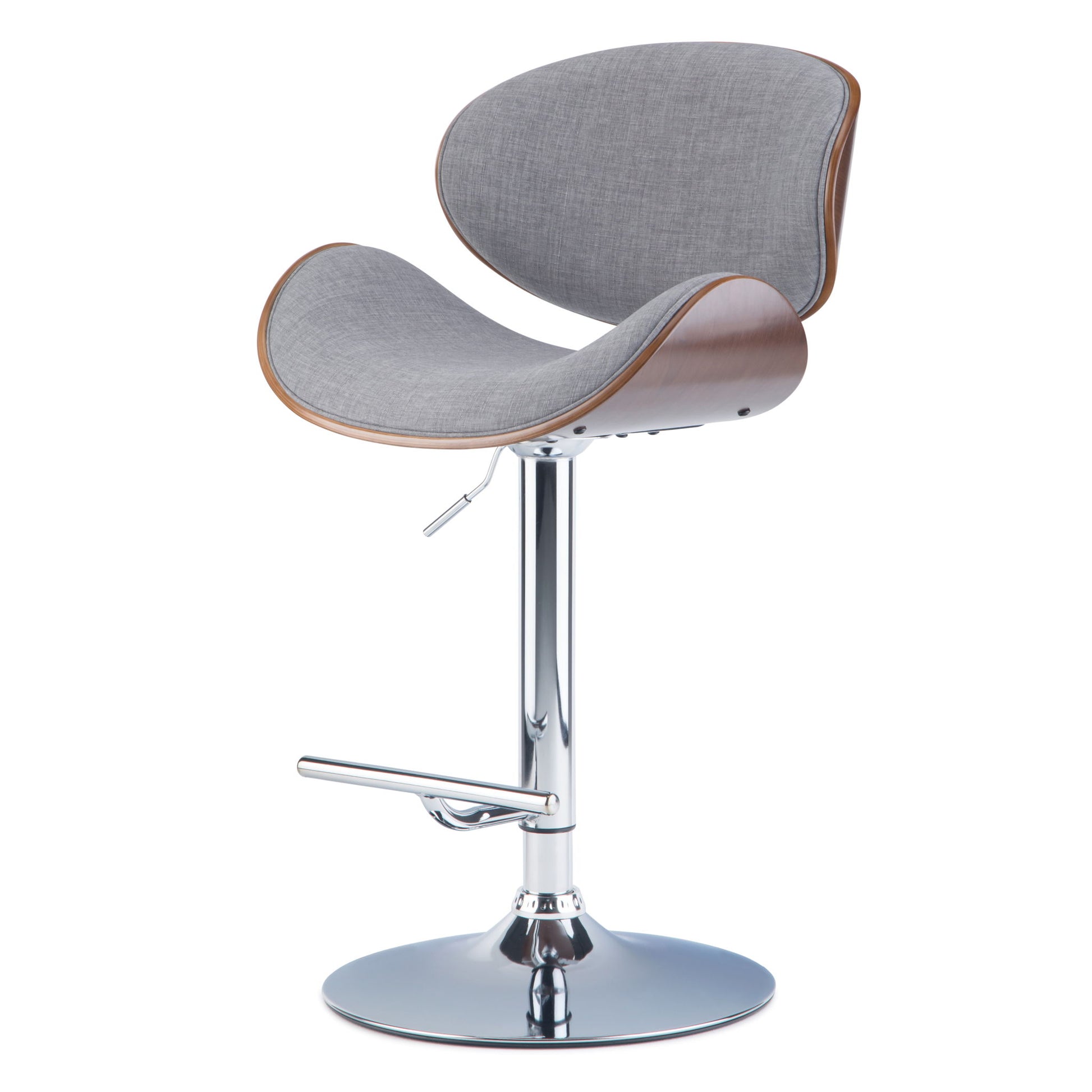 The Marana Multifunctional Handcrafted Bentwood Adjustable Swivel Bar Stool features a curved gray upholstered seat, wooden trim, and a chrome adjustable base with a circular footrest and round base.