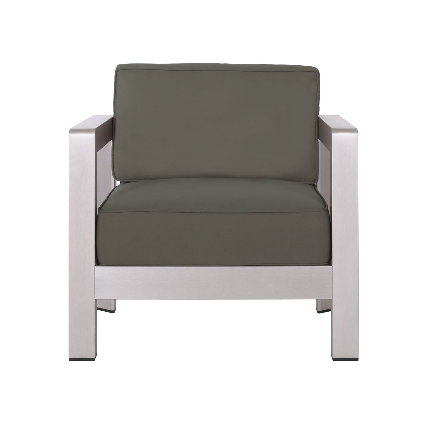 The Aviara - Luxurious Outdoor Club Chair features a gray metal frame with dark gray cushioned seat and backrest, shown from the front against a plain white background.