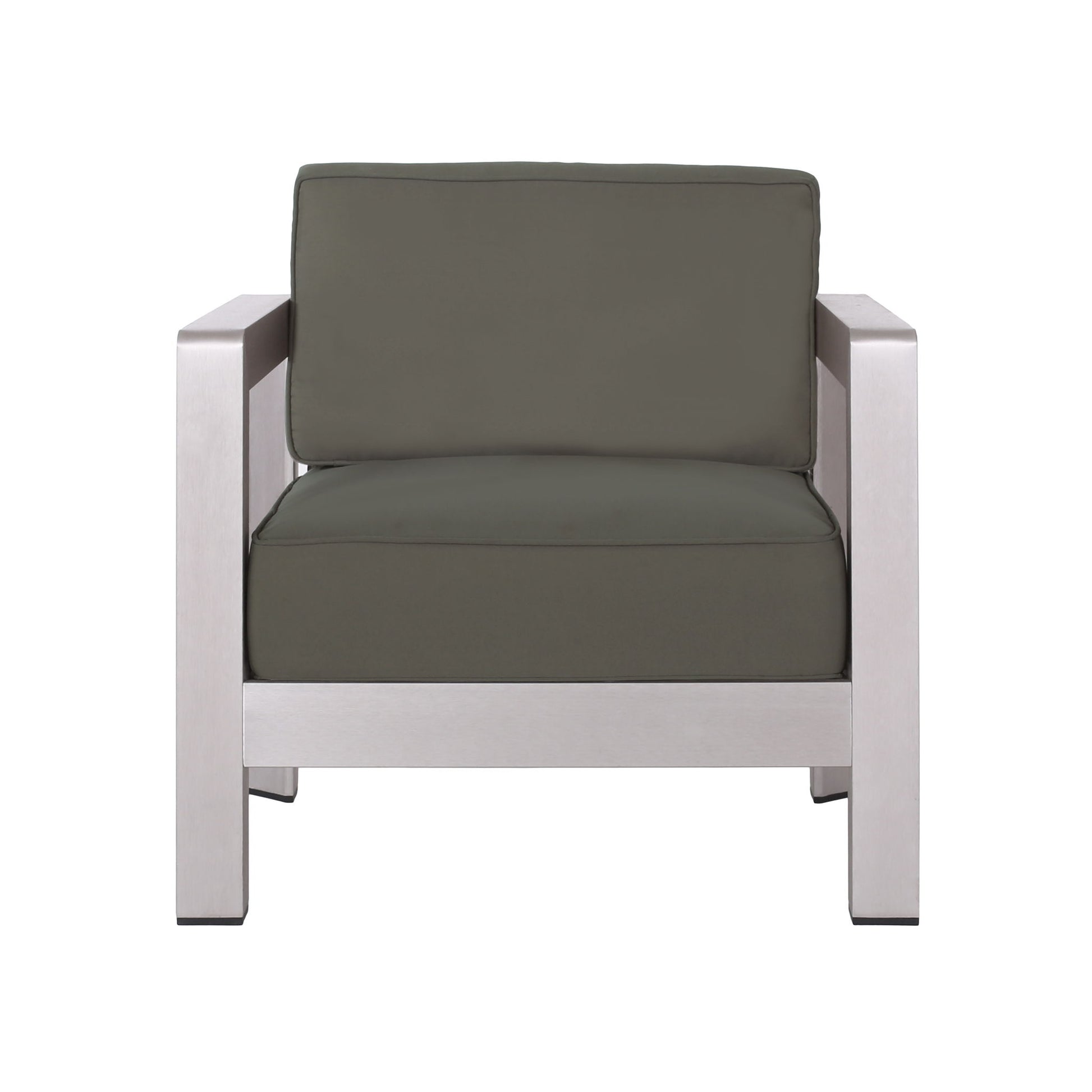 The Aviara - Luxurious Outdoor Club Chair features a gray metal frame with dark gray cushioned seat and backrest, shown from the front against a plain white background.