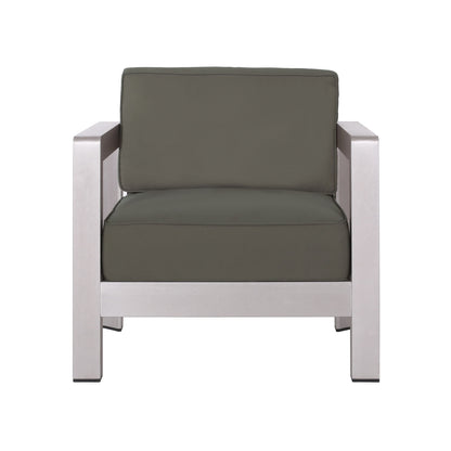 The Aviara - Luxurious Outdoor Club Chair features a gray metal frame with dark gray cushioned seat and backrest, shown from the front against a plain white background.