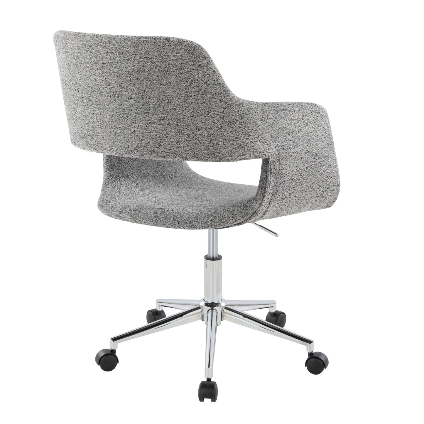 The Margarite Contemporary Office Task Chair features modern gray upholstery, a curved backrest with an open lower back design, and a chrome five-wheel base, shown from the back.