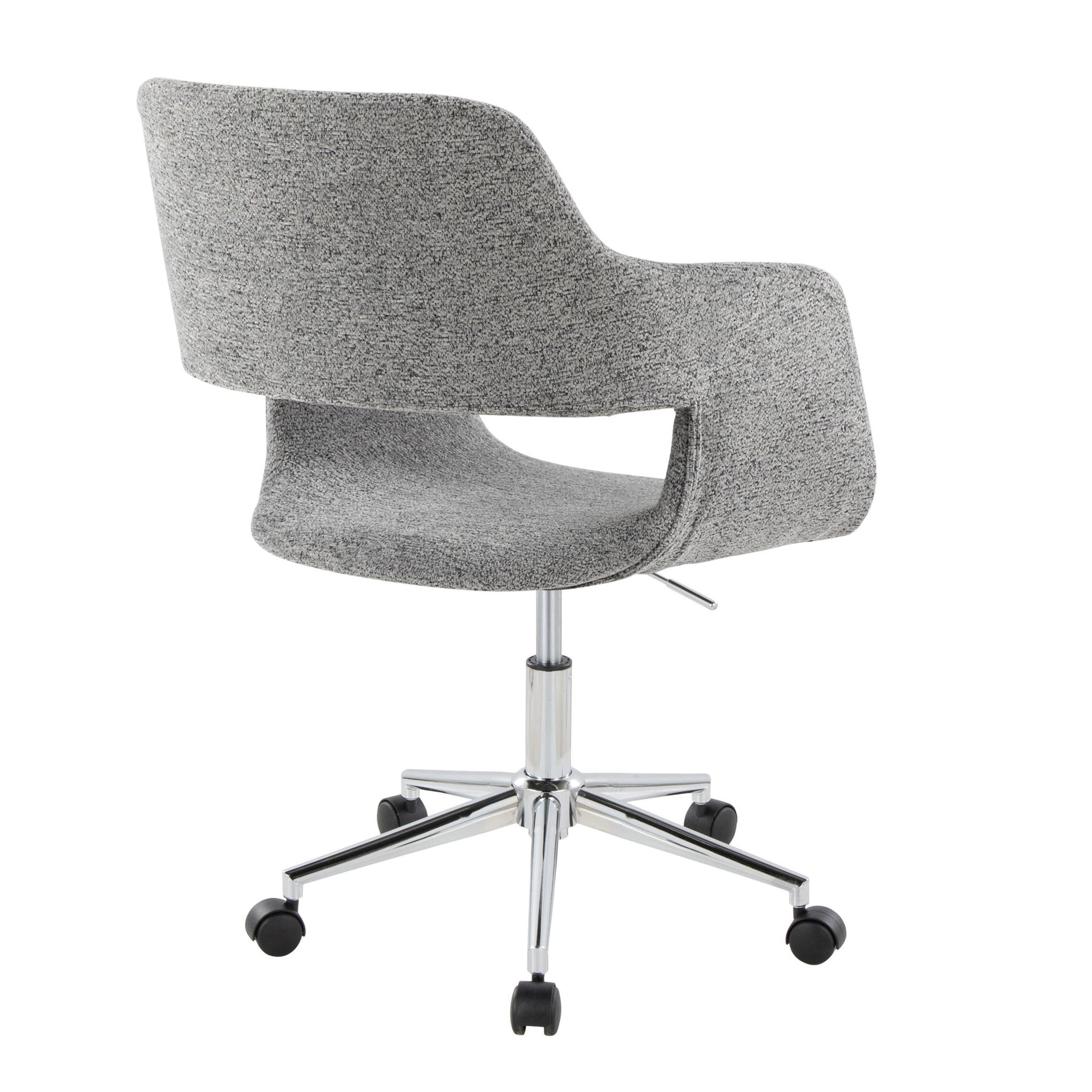 The Margarite Contemporary Office Task Chair features modern gray upholstery, a curved backrest with an open lower back design, and a chrome five-wheel base, shown from the back.