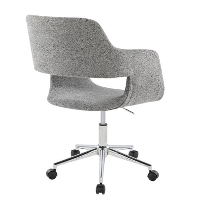 The Margarite Contemporary Office Task Chair features modern gray upholstery, a curved backrest with an open lower back design, and a chrome five-wheel base, shown from the back.