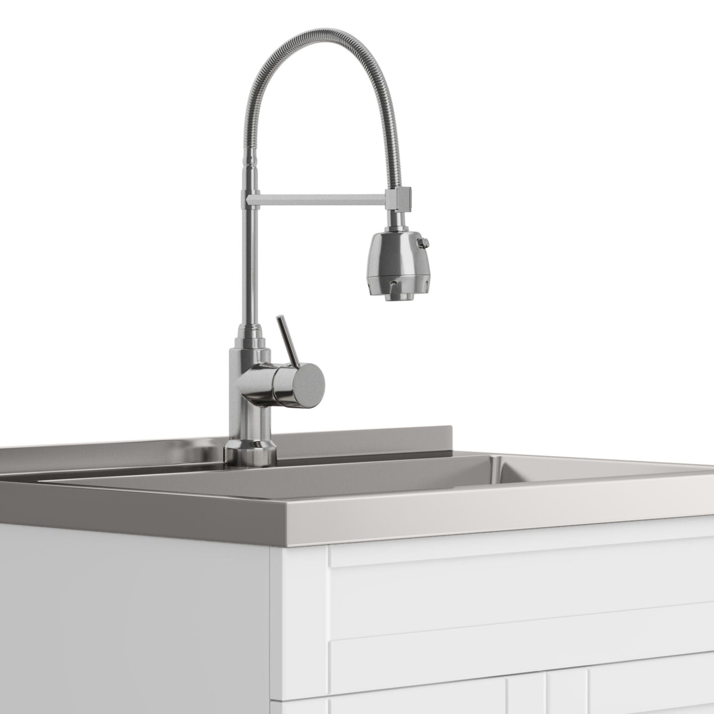 The Hennessy Deluxe Laundry Cabinet features a stainless steel sink with a high-arc, pull-down faucet and single lever handle, all set in a white, minimalist cabinet design.