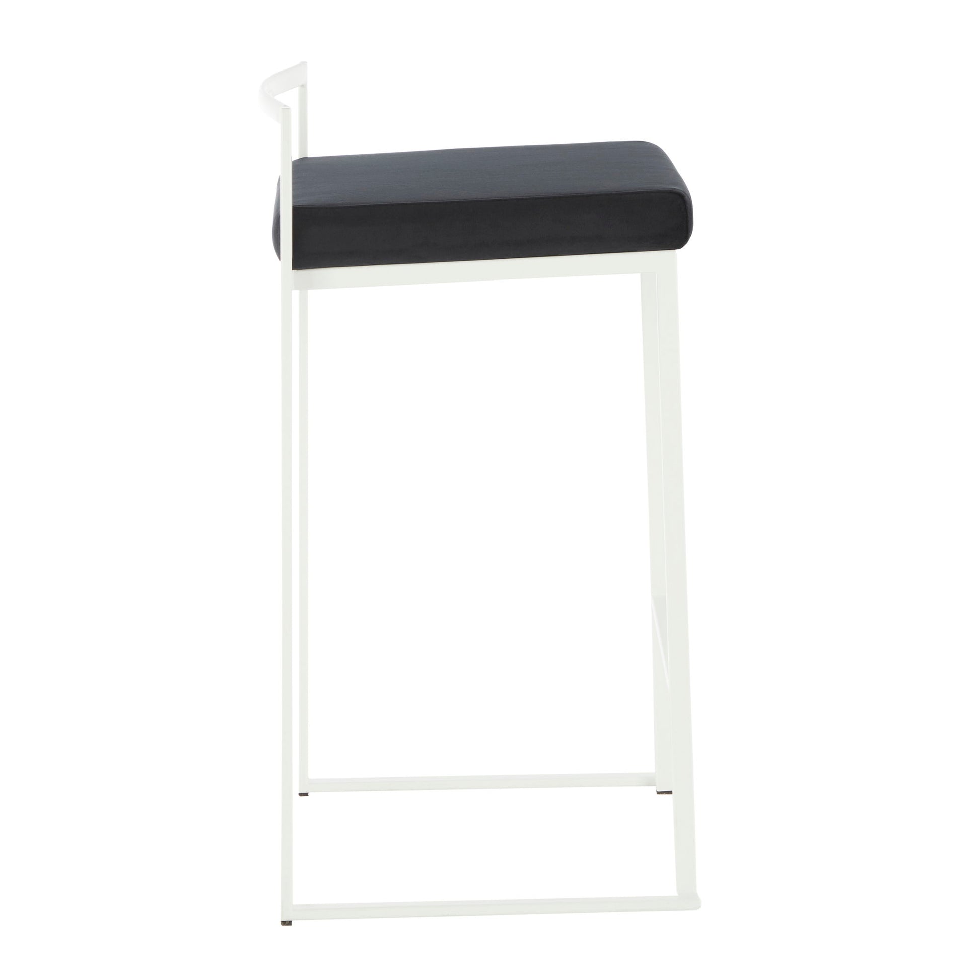 The Fuji - Simple Elegance, Contemporary Stackable Counter Stool features a black cushioned seat and minimalist white metal frame, shown from the side against a white background.