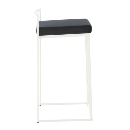 The Fuji - Simple Elegance, Contemporary Stackable Counter Stool features a black cushioned seat and minimalist white metal frame, shown from the side against a white background.