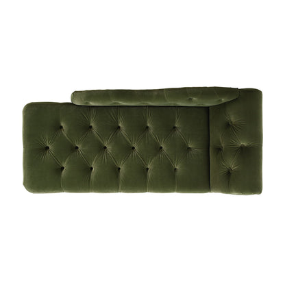 A top-down view of the Samuel - Tufted Roll Arm Chaise Lounge in green velvet, featuring a raised right armrest, button-tufted detailing, and plush upholstery for a soft, luxurious feel.