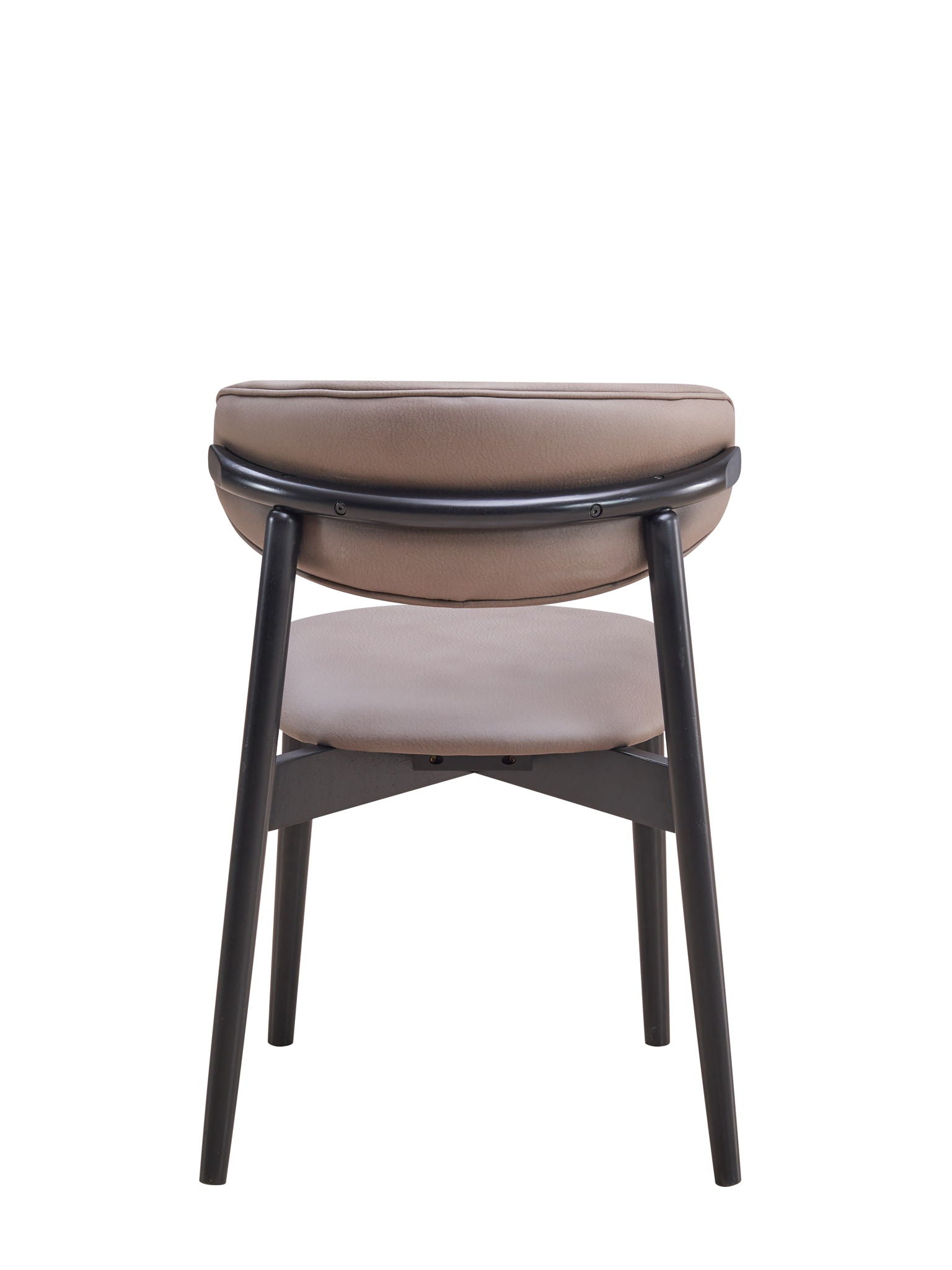 The Lanae Polished Microfiber Side Chair (Set of 2) in gray features a modern rounded, cushioned backrest and seat with four black wooden legs and frame, shown from the back against a white background.