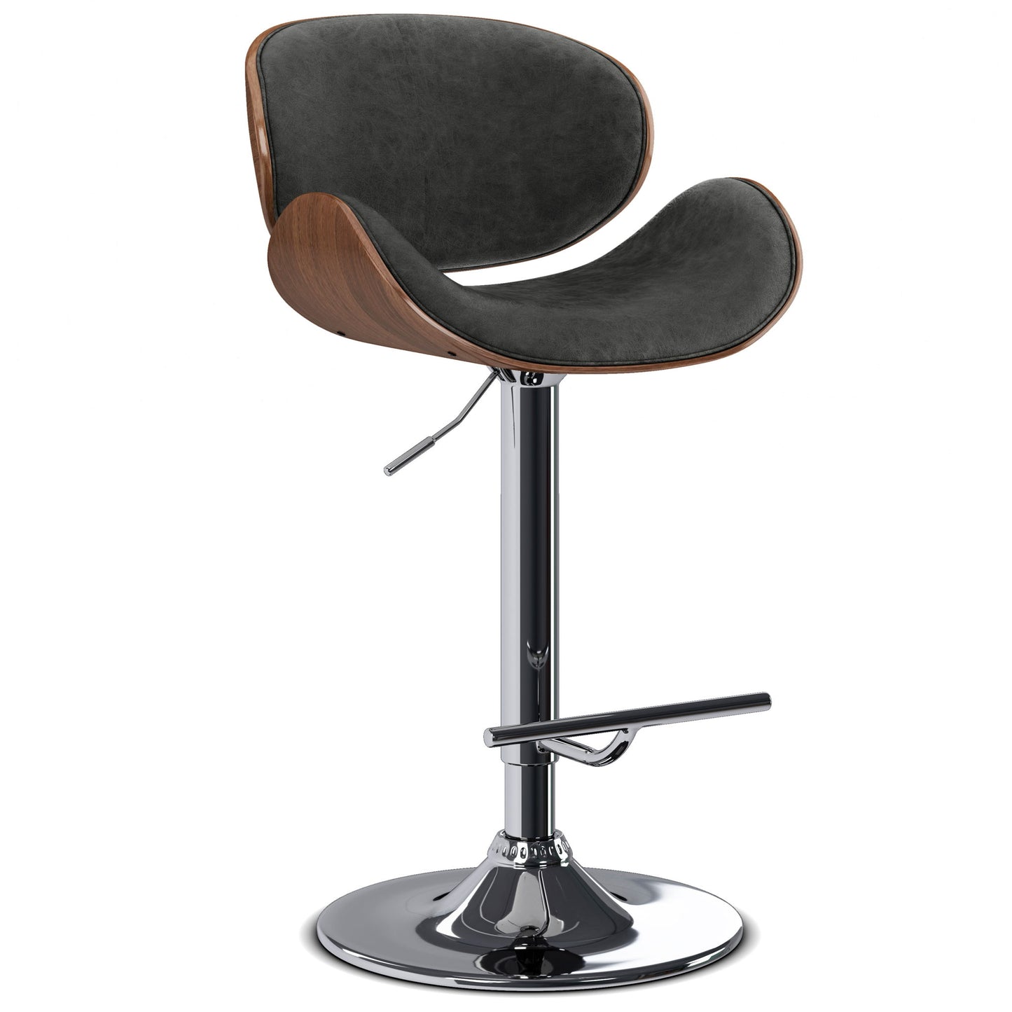 The Marana Multifunctional Handcrafted Bentwood Adjustable Swivel Bar Stool features a curved wooden frame, dark cushioned seat and backrest, chrome pedestal base with footrest, and a height adjustment lever.
