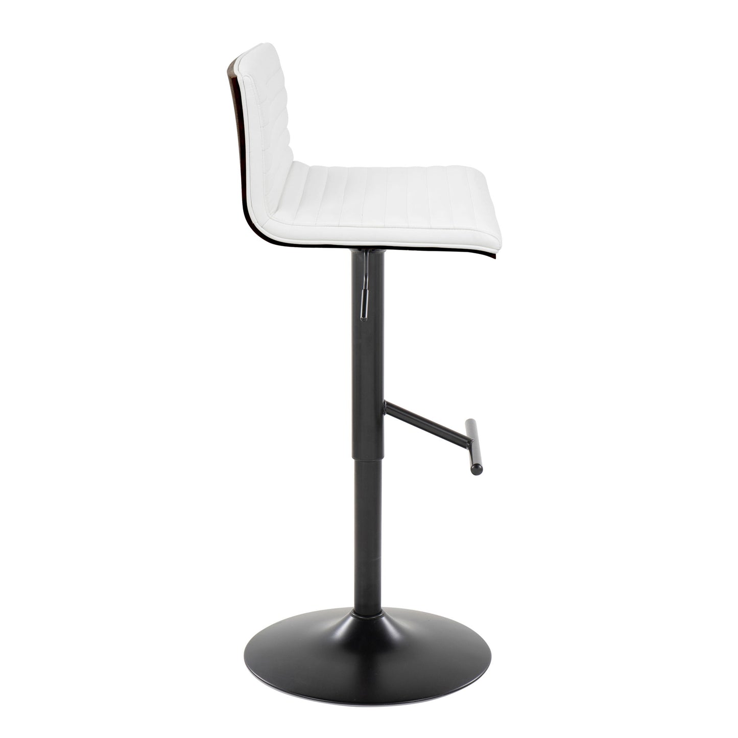 The Mason Contemporary Adjustable Barstool (Set of 2) features a white cushioned seat and backrest, black metal base, sleek design, and straight T footrest. Shown from the side view. Swivels for added convenience.