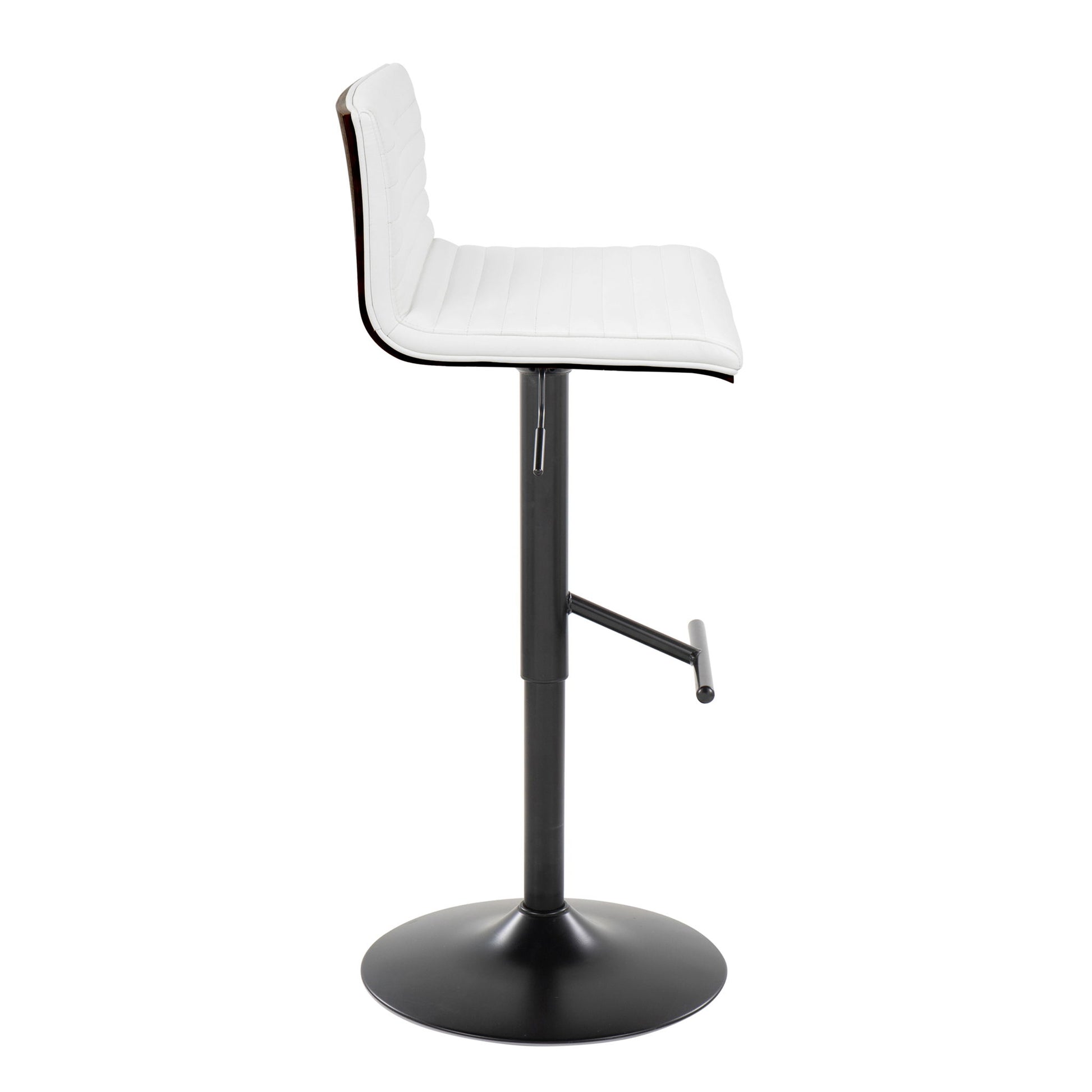 The Mason Contemporary Adjustable Barstool (Set of 2) features a white cushioned seat and backrest, black metal base, sleek design, and straight T footrest. Shown from the side view. Swivels for added convenience.