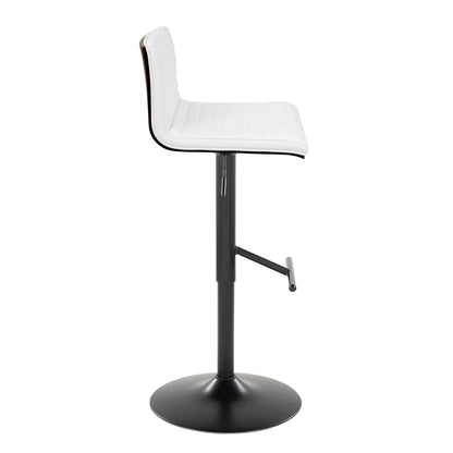 The Mason Contemporary Adjustable Barstool (Set of 2) features a white cushioned seat and backrest, black metal base, sleek design, and straight T footrest. Shown from the side view. Swivels for added convenience.
