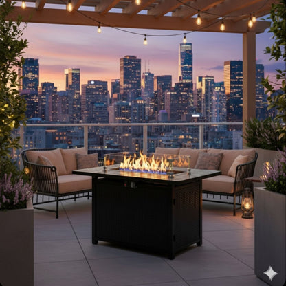 Outdoor 2 In 1 Propane Fire Pit Table With Lid & Glass Shield, Rectangular Fire Table, Lava Rock & Cover - Black