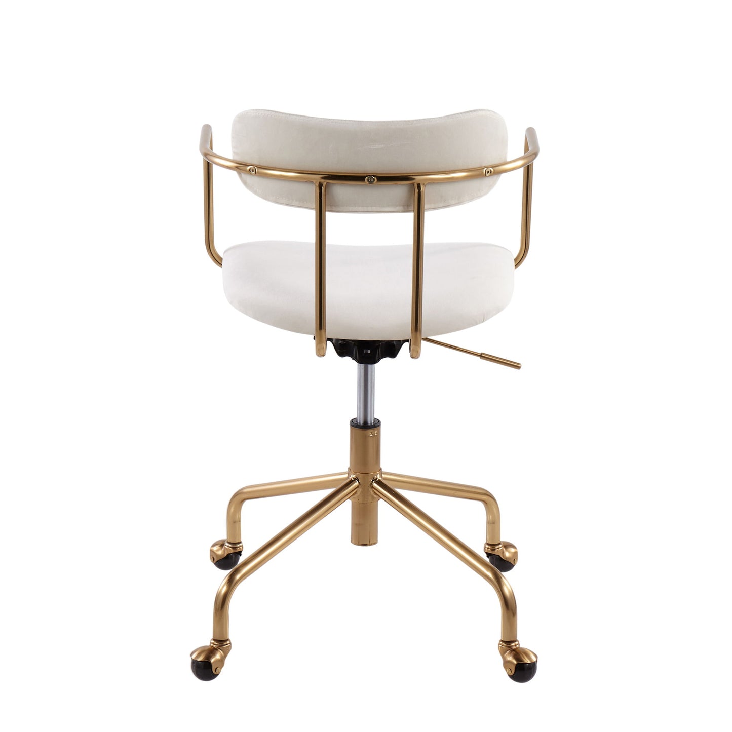 The Demi - Contemporary Office Chair features a white cushioned seat and backrest, a gold metal frame, swivel base with five black caster wheels, and an adjustable height lever for modern office comfort.