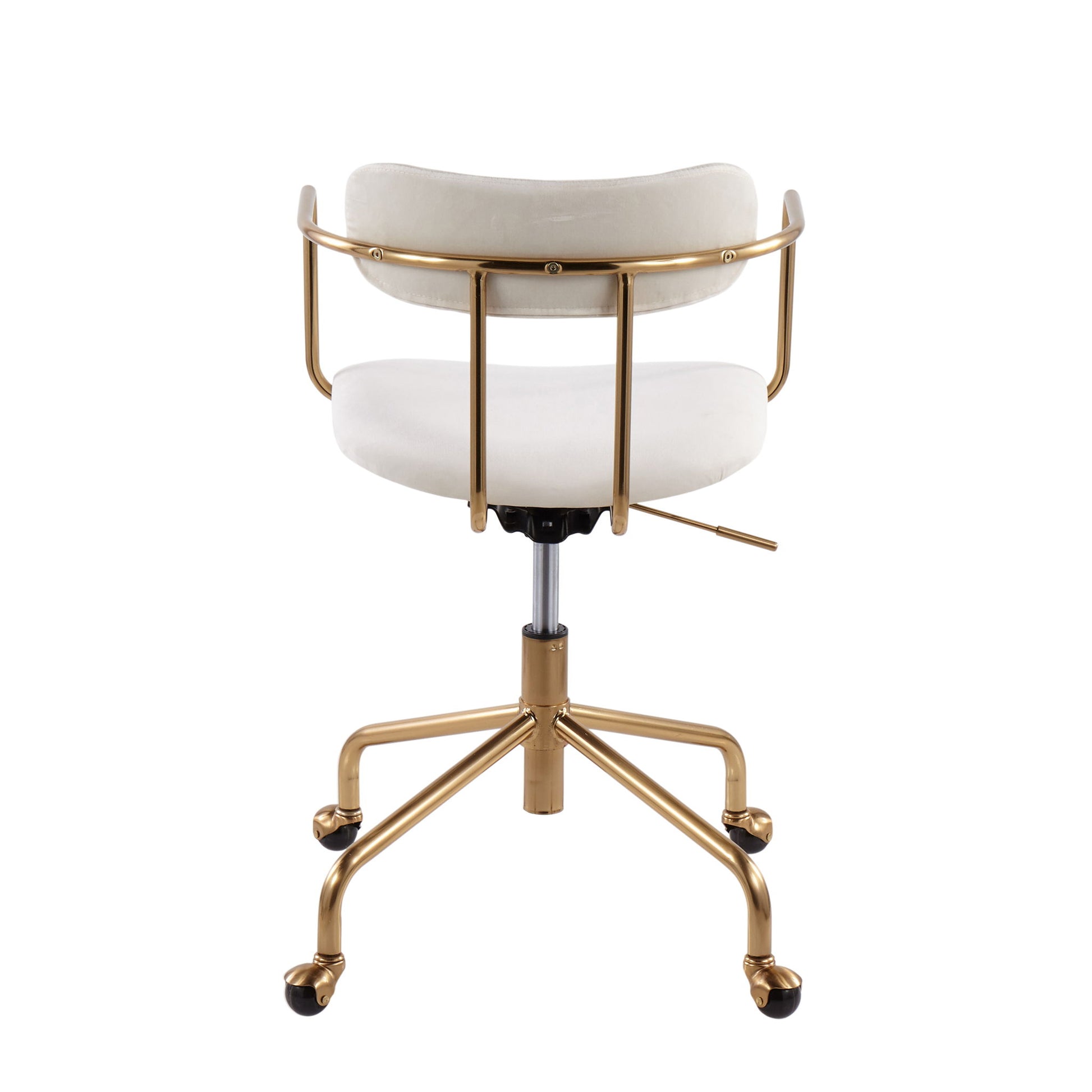 The Demi - Contemporary Office Chair features a white cushioned seat and backrest, a gold metal frame, swivel base with five black caster wheels, and an adjustable height lever for modern office comfort.