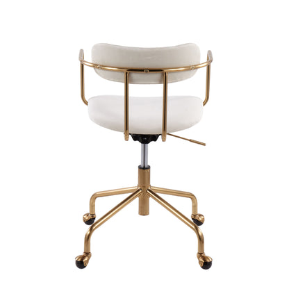 The Demi - Contemporary Office Chair features a white cushioned seat and backrest, a gold metal frame, swivel base with five black caster wheels, and an adjustable height lever for modern office comfort.
