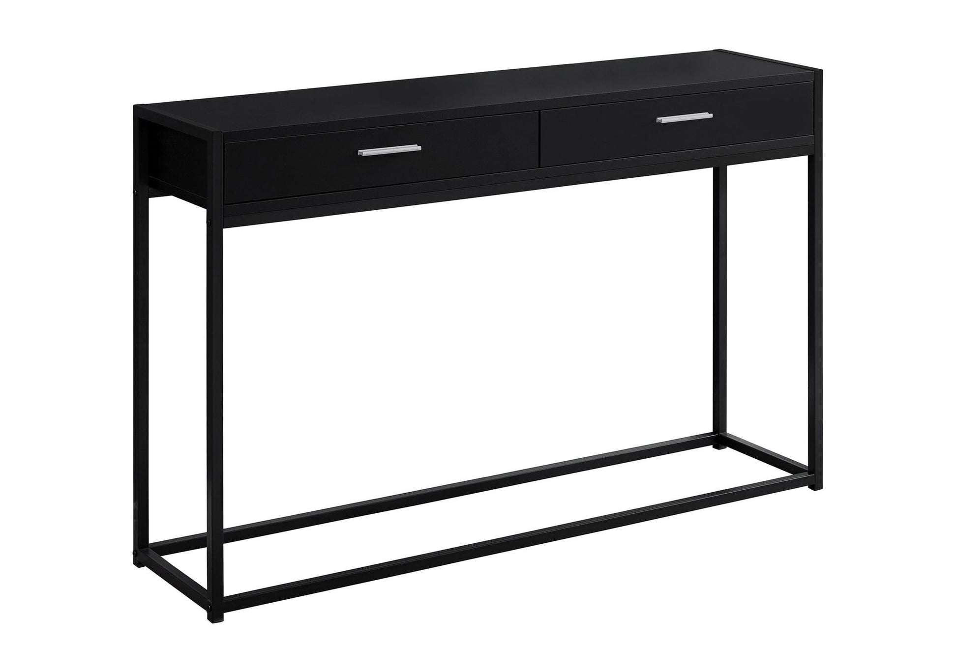 The Accent Console Table For Entryway features two storage drawers, silver handles, and a minimalist metal frame in black, offering a contemporary design ideal for entryways or living rooms.