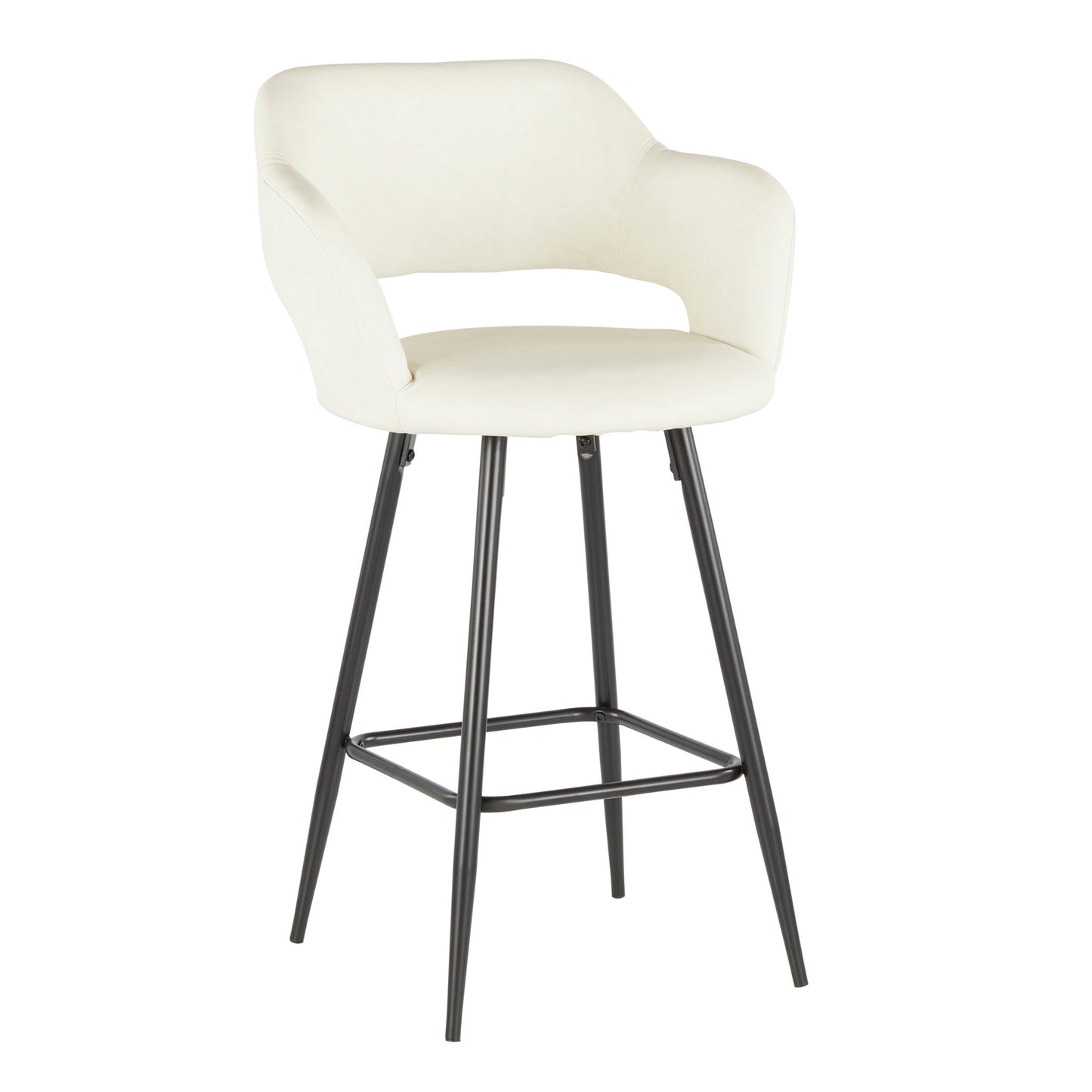The Margarite Contemporary Counter Stool (Set of 2) features a curved white upholstered seat, black metal legs, and a connecting metal footrest for modern style and comfort.