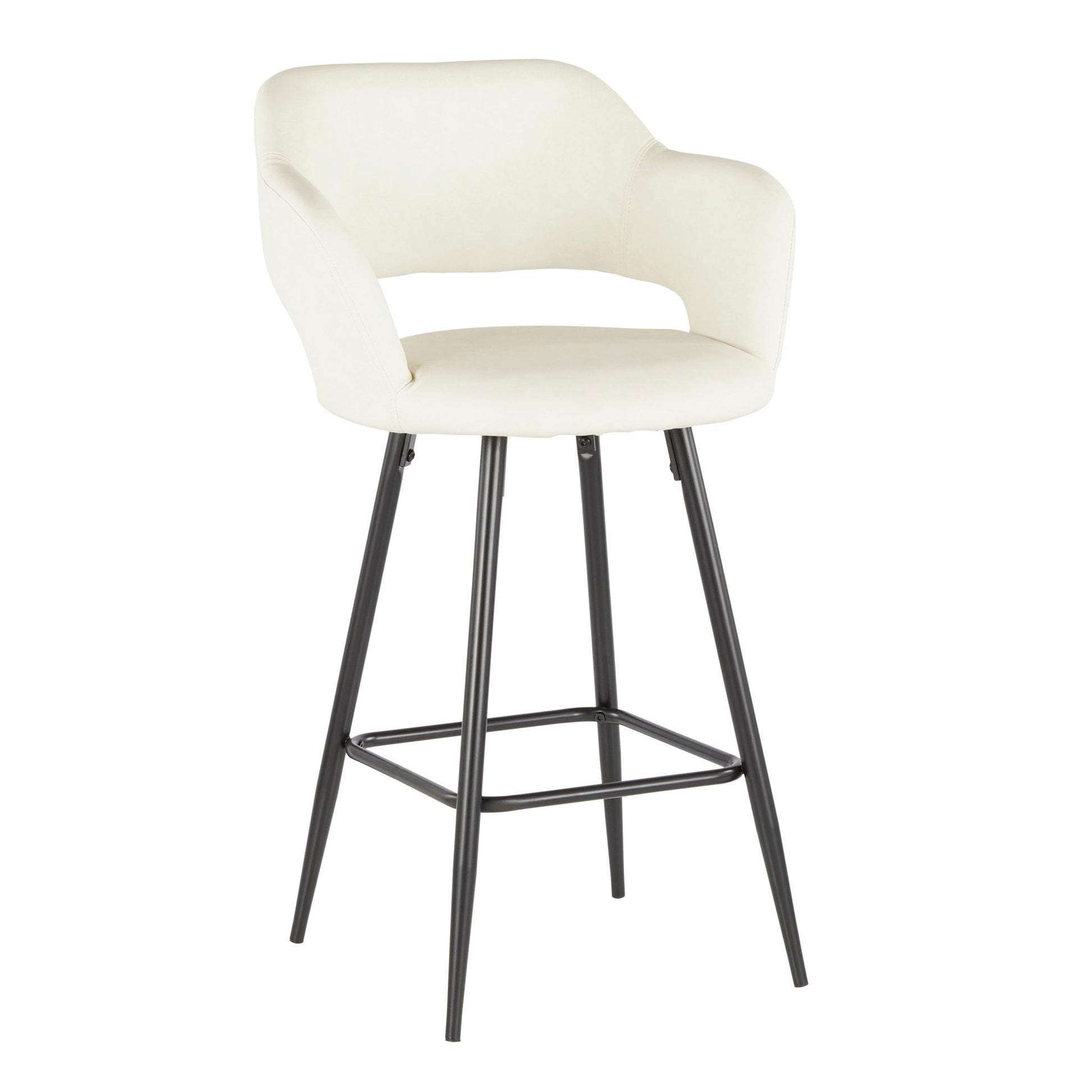 The Margarite Contemporary Counter Stool (Set of 2) features a curved white upholstered seat, black metal legs, and a connecting metal footrest for modern style and comfort.