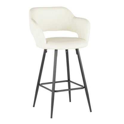 The Margarite Contemporary Counter Stool (Set of 2) features a curved white upholstered seat, black metal legs, and a connecting metal footrest for modern style and comfort.