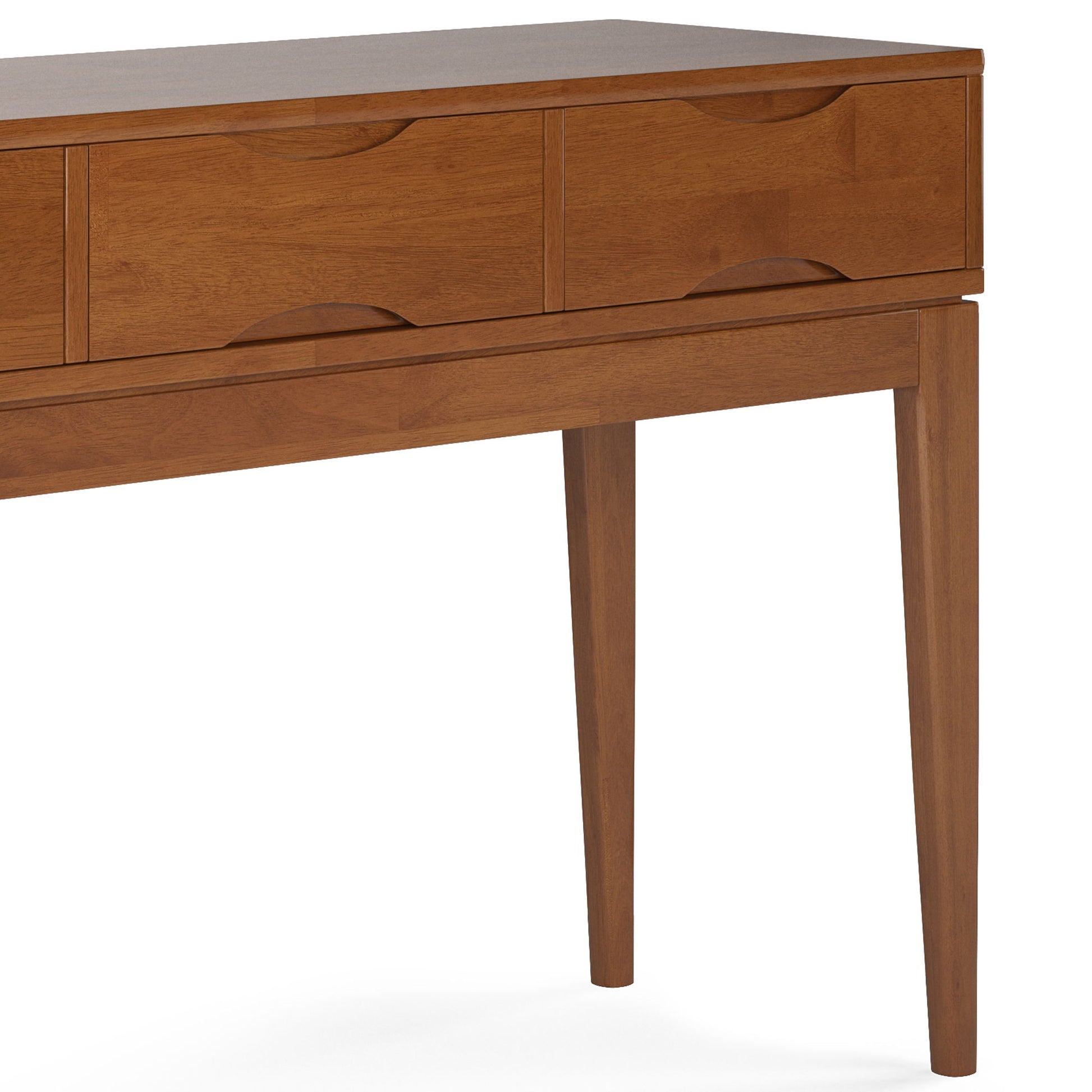 A close-up of the Harper - Handcrafted Console Sofa Table, showcasing its smooth finish, two drawers with curved handle cutouts, and elegant tapered legs.