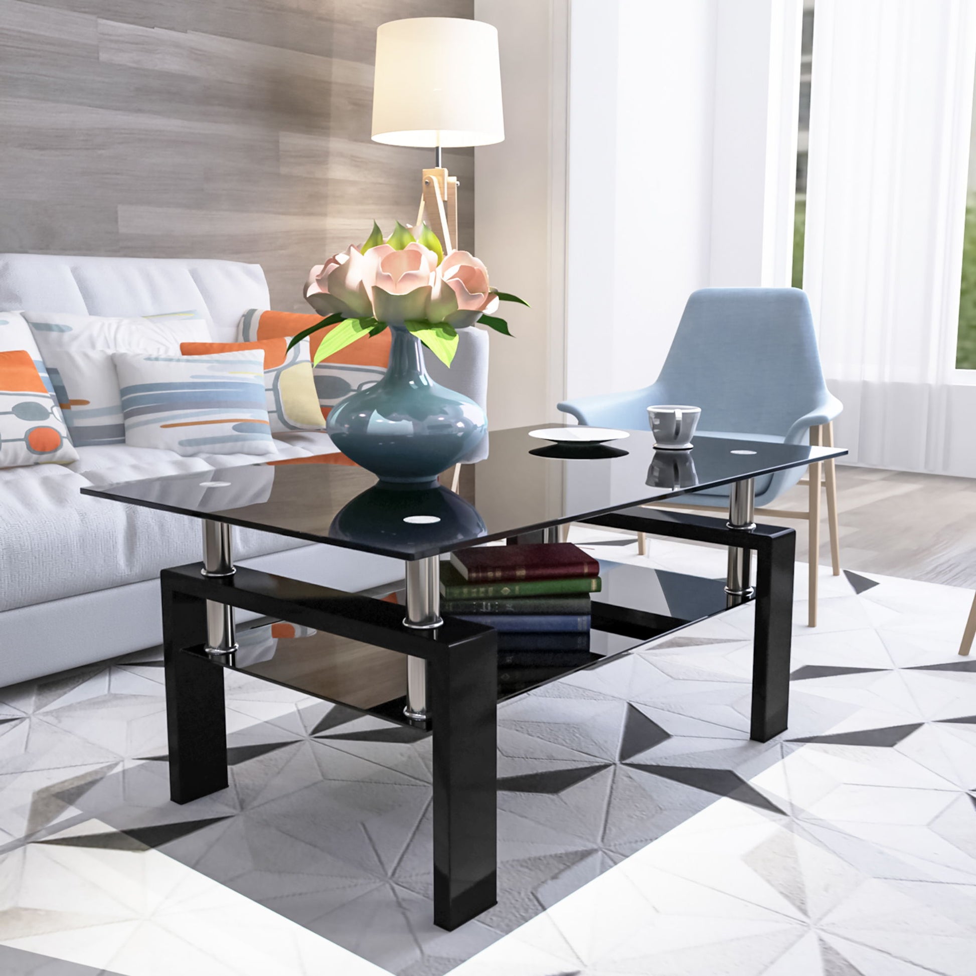 A modern living room features a Rectangle Coffee Table, Modern Side Center Tables For Furniture, topped with a blue vase of pink flowers and a cup, books beneath. A white sofa with colorful pillows, blue chair, and floor lamp sit on a geometric rug.