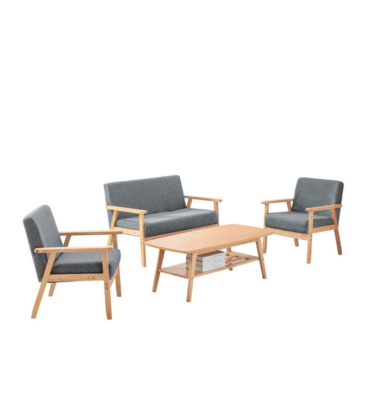 The Bahamas Living Room Set features two gray cushioned armchairs, a matching two-seater sofa, and a light wood coffee table with a slatted shelf, arranged against a white background.