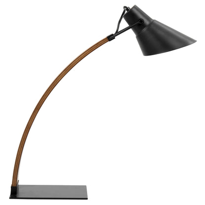 The Noah - Contemporary Table Lamp features a curved wooden arm, black metal lampshade, and rectangular black base, displayed against a white background.