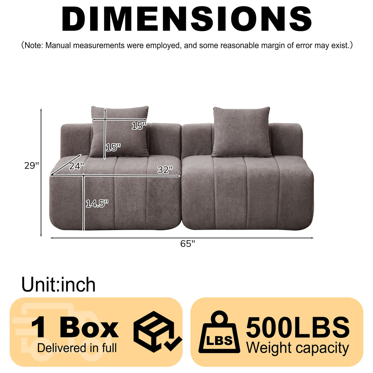 Modular Sectional Sofa With 2 Pillows, Symmetrical Design