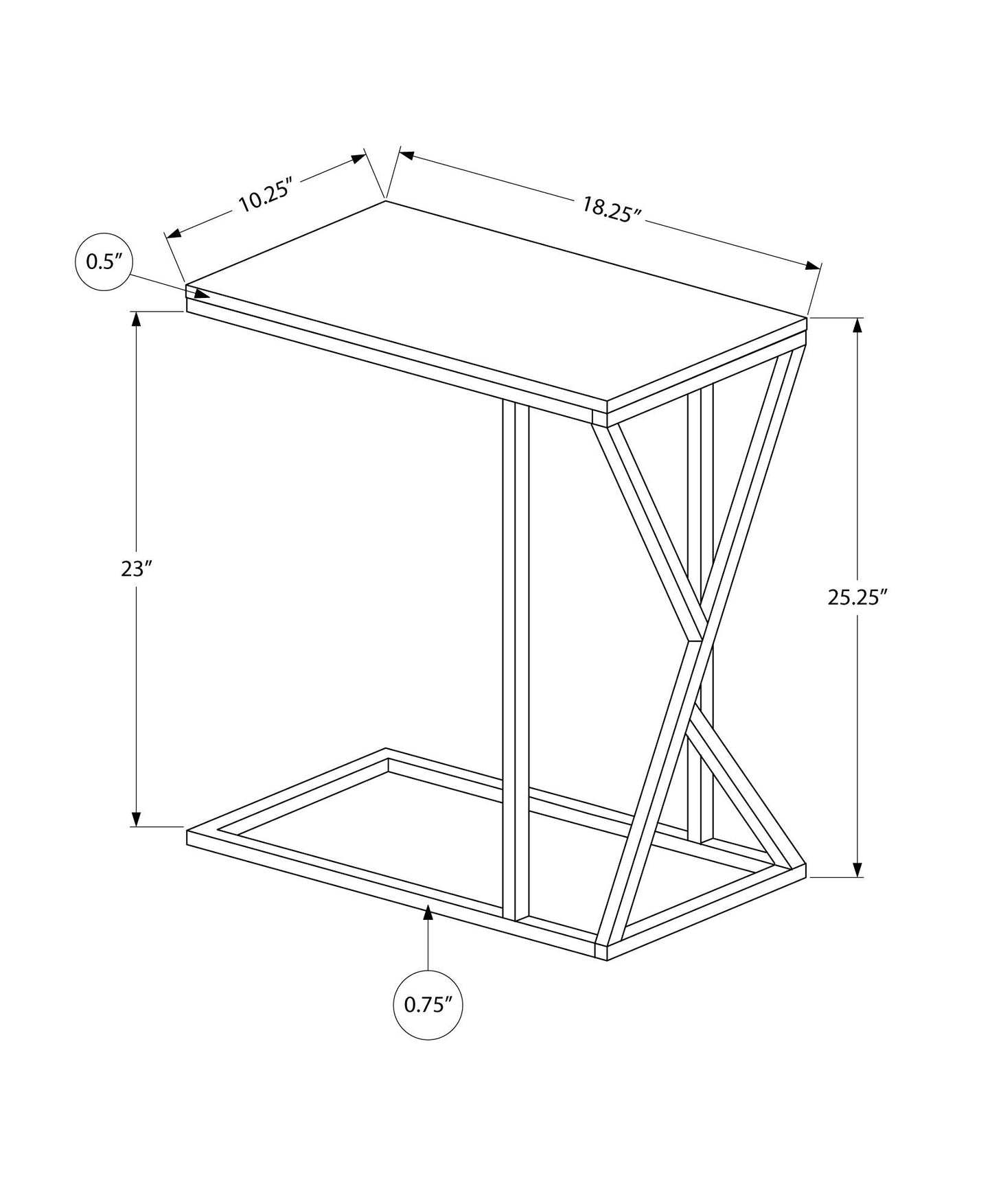 Black and white line drawing of the Accent Table C - Shaped, Contemporary & Modern, with geometric support; top measures 18.25" x 10.25" and is 0.5" thick, height is 25.25"/23", base thickness is 0.75".