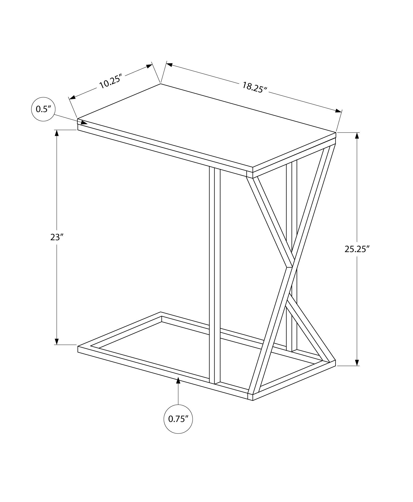 Black and white line drawing of the Accent Table C - Shaped, Contemporary & Modern, with geometric support; top measures 18.25" x 10.25" and is 0.5" thick, height is 25.25"/23", base thickness is 0.75".