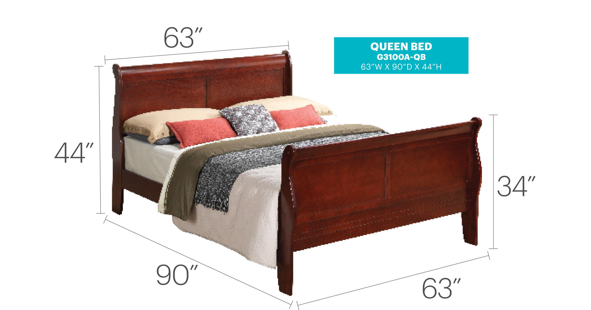 The Panel Sleigh Bed is a wooden queen bed with bedding and pillows, measuring 63" W x 90" L. Headboard is 44" high, footboard is 34" high. Model: G3100A-QB.
