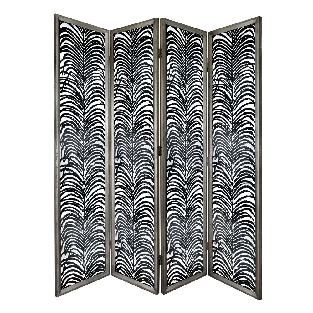 The Herero 4 Panel Decorative Screen - Black is a room divider featuring a black and white zebra stripe pattern on each panel, set in a silver frame.