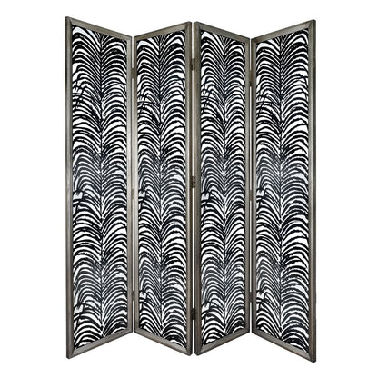 The Herero 4 Panel Decorative Screen - Black is a room divider featuring a black and white zebra stripe pattern on each panel, set in a silver frame.