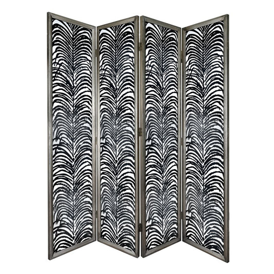 The Herero 4 Panel Decorative Screen - Black is a room divider featuring a black and white zebra stripe pattern on each panel, set in a silver frame.