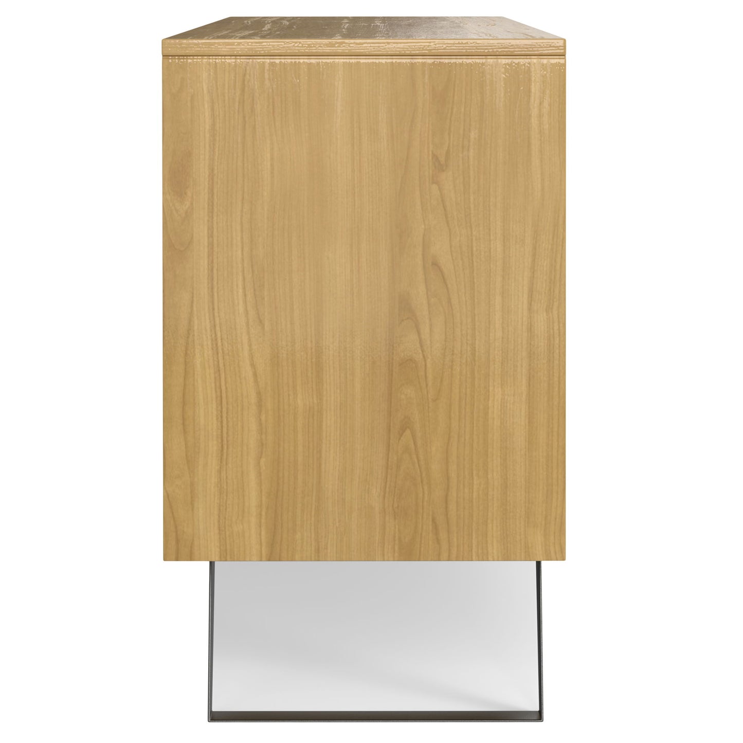 The Lowry - Handcrafted Sideboard Buffet features a light natural wood finish and is shown from the side, standing on a rectangular metal base with open space beneath.