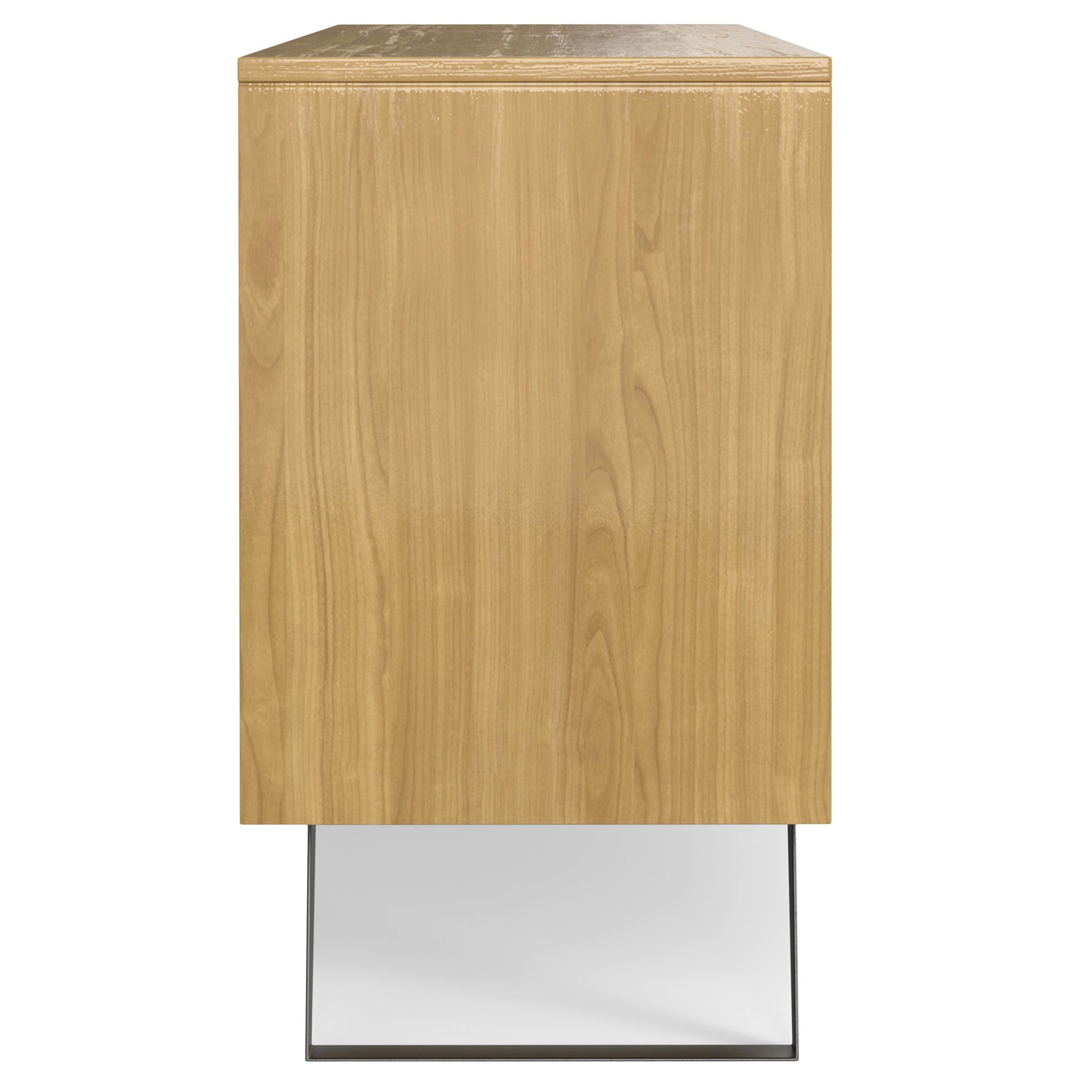 The Lowry - Handcrafted Sideboard Buffet features a light natural wood finish and is shown from the side, standing on a rectangular metal base with open space beneath.